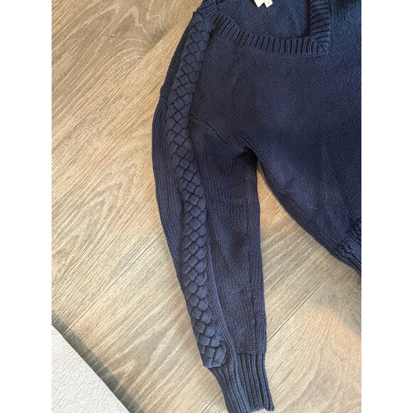 The Westside Tori V-Neck Cable Knit Cotton Sweater in Blue - Picture 3 of 7